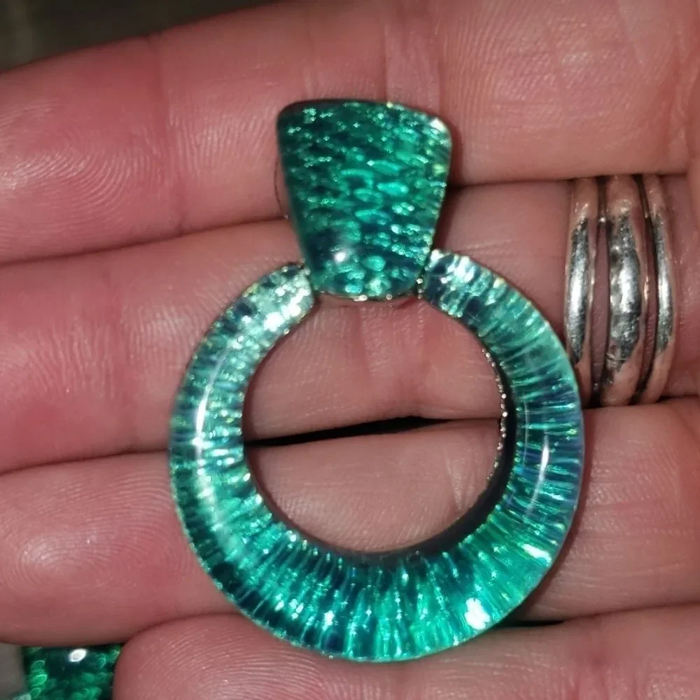"5/$25" Green/Turquoise 80's style Earrings - Picture 2 of 6